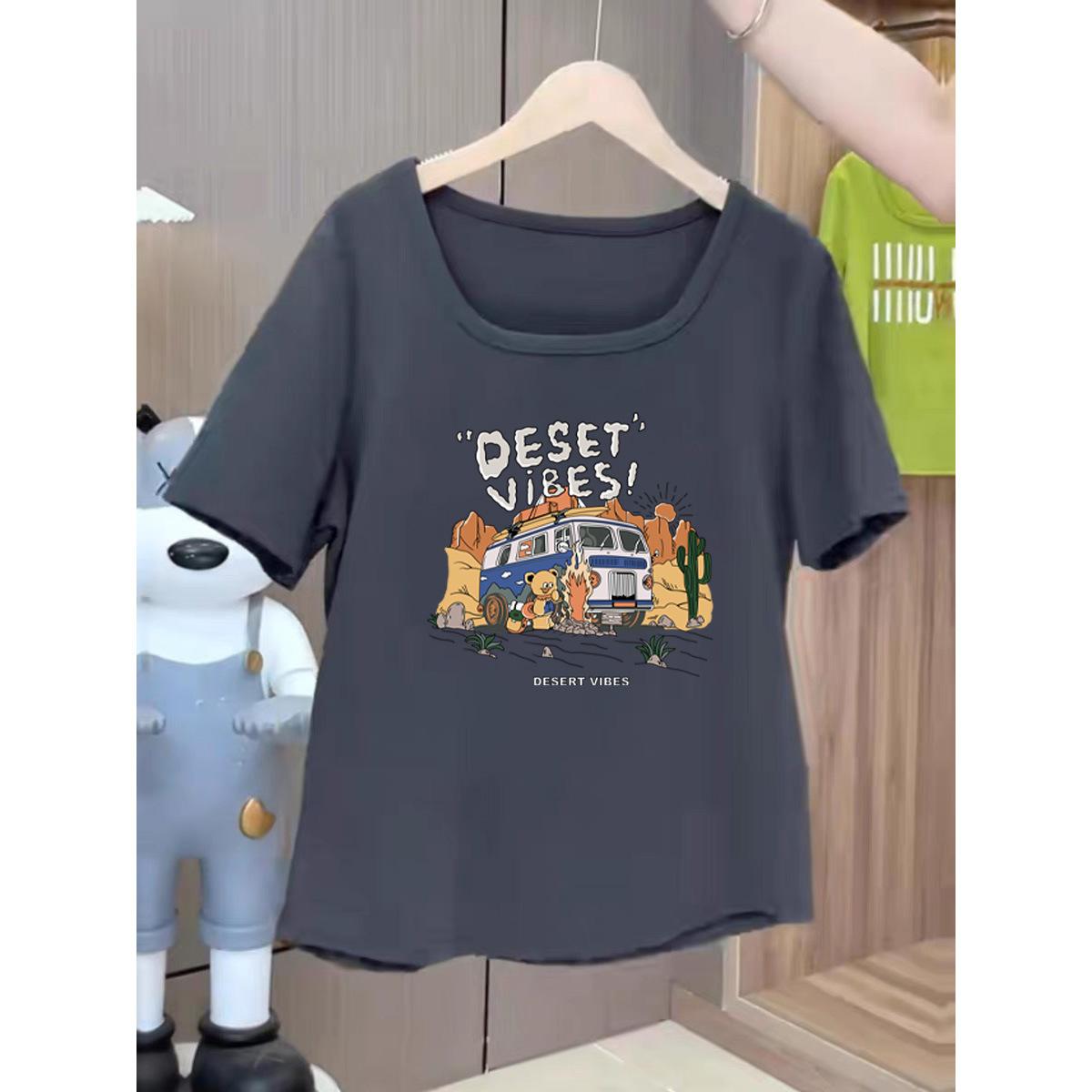 

Shoulder square neck short-sleeved t-shirt women s 2025 new summer women s clothing Spice Girl u-neck loose and thin short top women M [80-60kg]