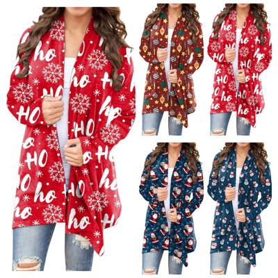 Women's Open Front Cardigan Sweater Ho Ho Print Snowflake Pattern Holiday Seasonal Lightweight Knitwear