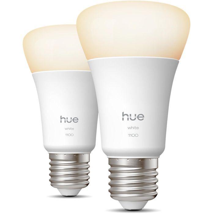 Pack de 2 ampoules LED connectées A60 - PHILIPS HUE - Lumiere blanche chaude - 2700K - Culot E27 - 9,5 W - 1100 lumens
