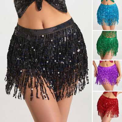 Belly Dance Skirt Sequin Tassel Waist Hip Scarf Exotic Style Tie Up Adjustable Thin Skirt Mesh Festivel Stage Performance Cosplay Mini Skirt Apron