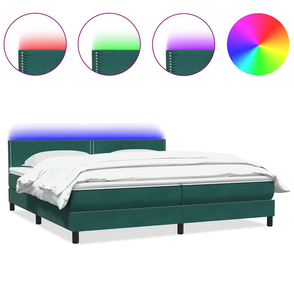 Box Spring Bed with Mattress & LED Lighting Dark Green 180 X 220 Cm Velvet