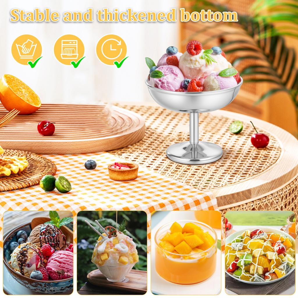 2 Pcs Ice Cream Goblet 304 Stainless Steel Dessert Cup Reusable Pudding Fruit Salad Bowls for Bar Restaurant Kitchen Accessories