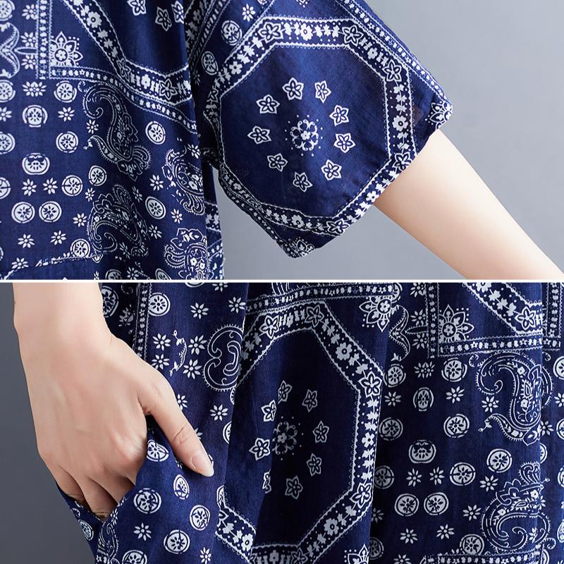 2025 Women Long Dress Summer New Literary Big Size Loose Printed Middle-aged and Elderly Broken Flower Short Sleeve Dress