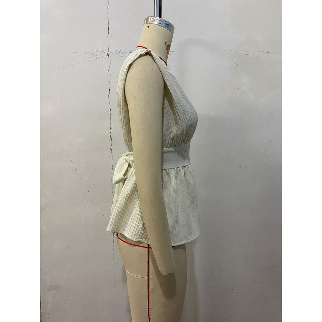 New Women's Sleeveless Top, French Style Solid Textured V-neck Waist-cinched Casual Blouse