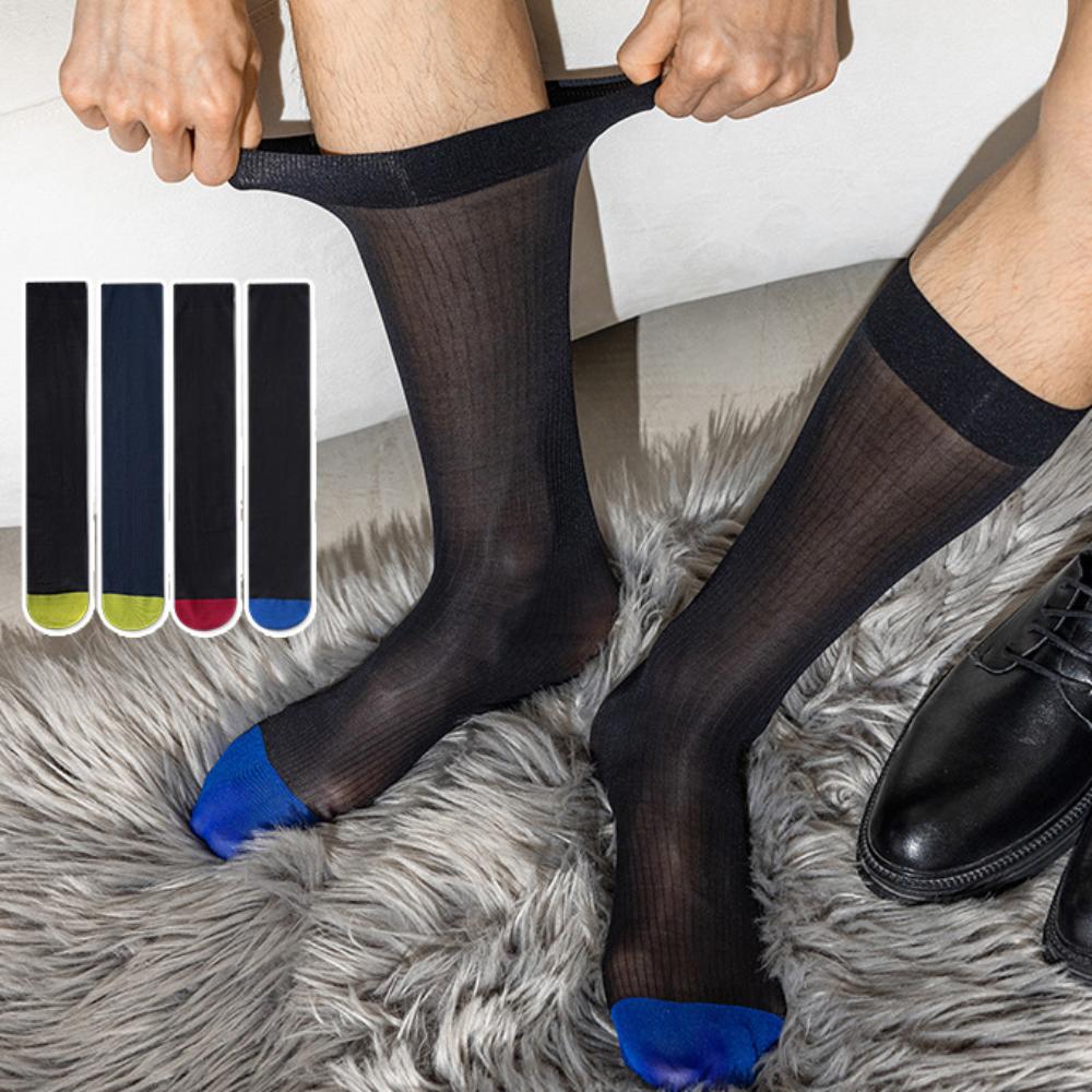 Stripe Men Thin Dress Tube Socks Sheer Patchwork Business Stockings Elastic   Business