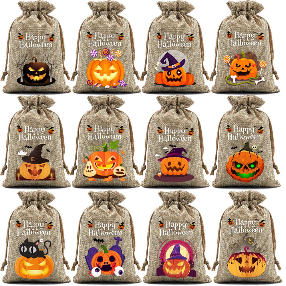 StoBag 12pcs Wholesale Halloween Linen Bag Gift Candy Packaging Drawstring Small Storage Kids Child Pouches Trick or Treat Party