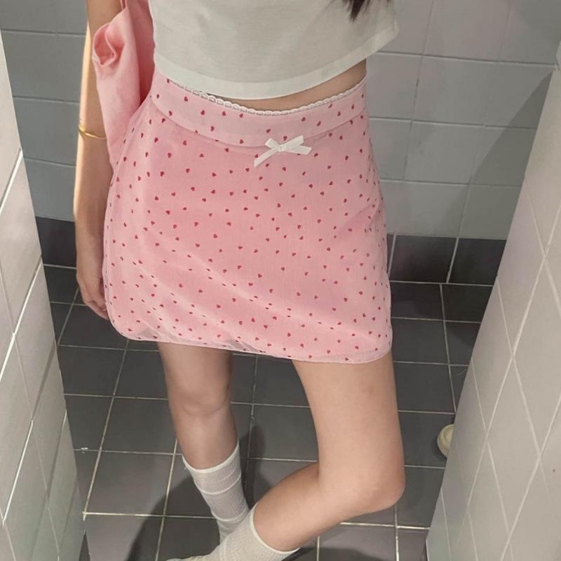 

Lace Trim Bowknot High Waist A-line Mini Skirt Small розовый