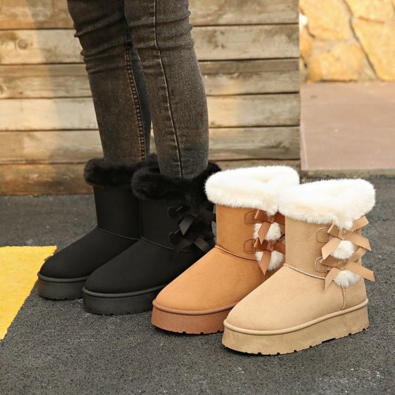 Large size snow boots women's winter new velvet thickened bow cotton boots snow boots women