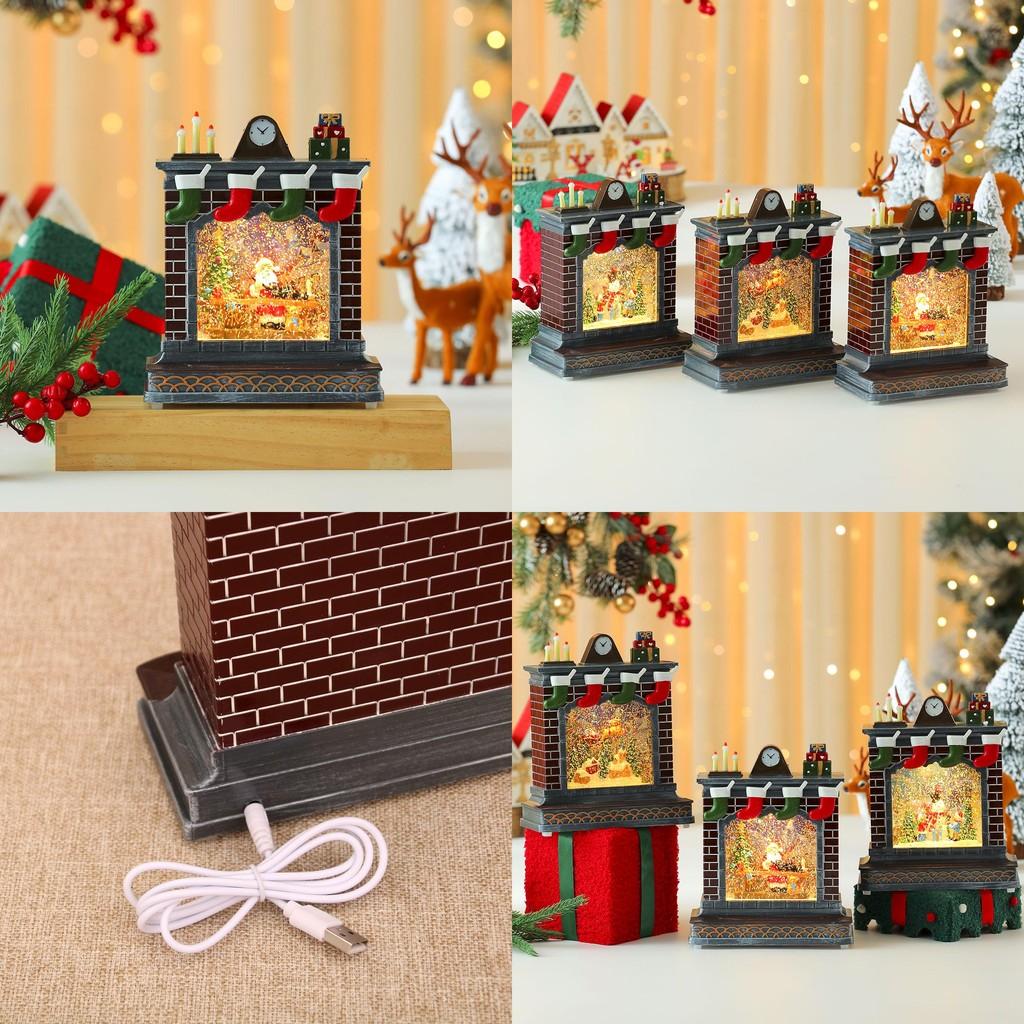 Christmas Scene Fireplace Ornament Music Box With Sitting Elder For Holiday Decor