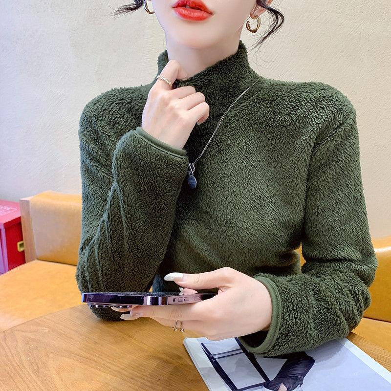 Double Sided Coral Fleece High Neck Long Sleeved Base Shirt for Women Versatile Loose Fitting Inner Outer Women's Warm Jacket T-Shirts Women’s