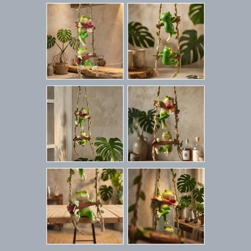 Cute Frogs Climbing Ladder With Wine Cup Wall Hanging Decors Resin Sculpture For Home Bookshelves And Garden Decoration