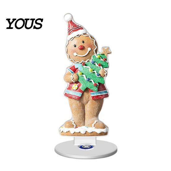 Desktop Ornament for Christmas Xmas Acrylic Ornament, 2D Flat Tree Gingerbread Man with Decorative Holiday Rotatable Base, Table Centerpiece