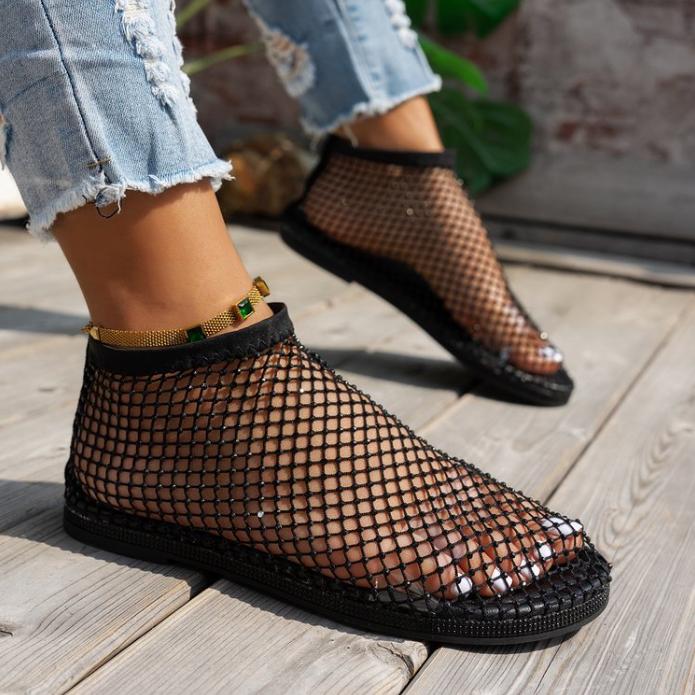 Fashion Women's New Round Toe Luxury  Flat Bottom Hollow Short Boots Water Diamond Sexy Flat Bottom Banquet Sandals