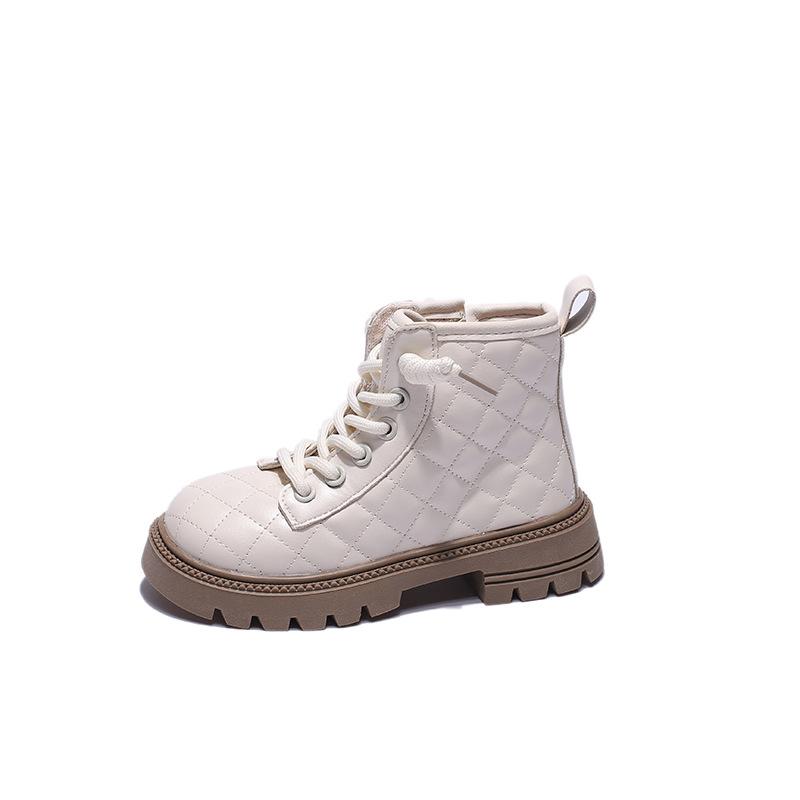 Autumn Boots for Girl 2024 New Black Side Zipper Round-toe Boy Shoe Children Versatile Rhomboid Plaid Non-slip Ankle Short Boots