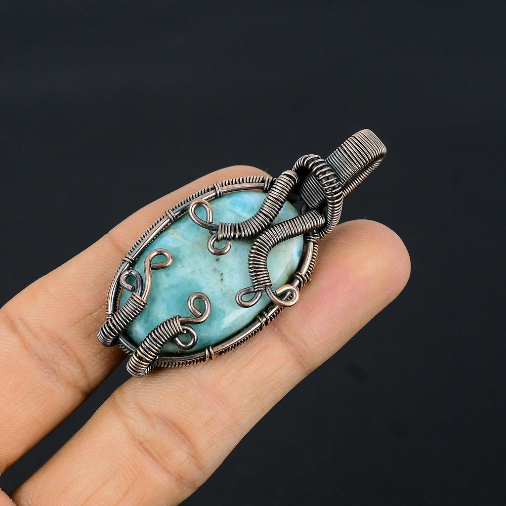 Larimar Pendant Gemstone Jewelry, 999 Copper Wire Wrapped Pendant, Handmade Jewelry Birthstone Pendant, Gift For Him