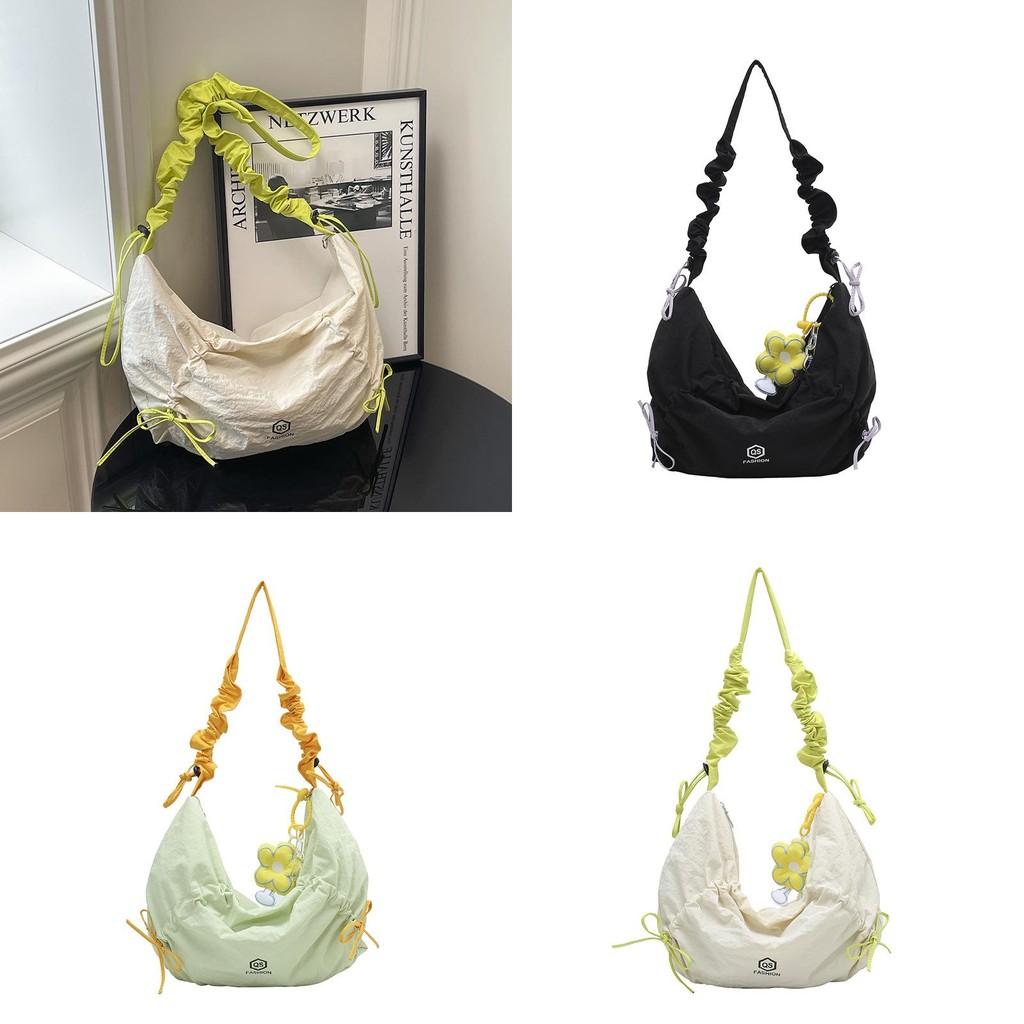 Nylon Zipper Closure Duffle Bag For Women With Wrinkled Shoulder Straps And Letter Prints
