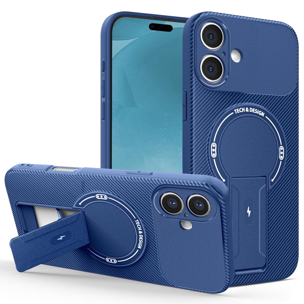 For iPhone 17 Case with Kickstand Carbon Fiber Texture PC+TPU Phone Cover