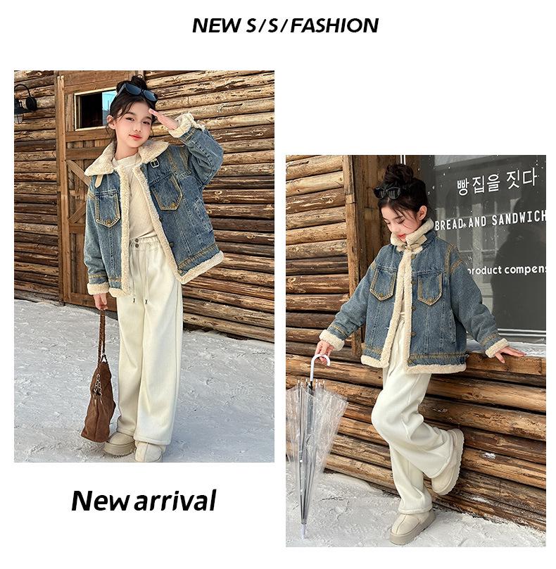 Girls' Trendy Fleece-Lined Denim Jacket 2025 - Warm Winter Cardigan