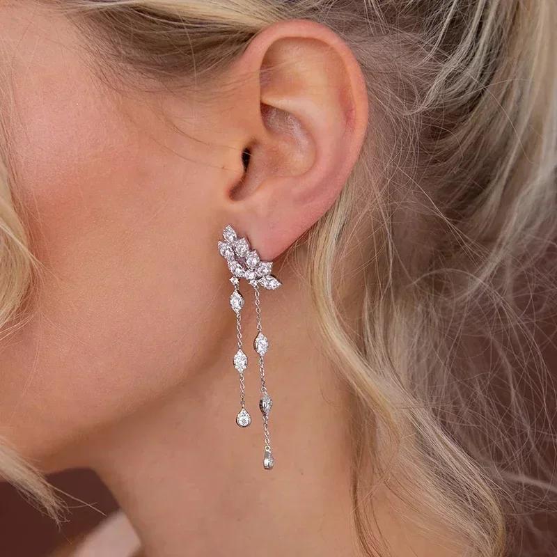 925 Silver Ear Needle Crystal White Zircon Silver Series Tassel Drop Earrings Luxury Fashion Party Jewelry Accessories