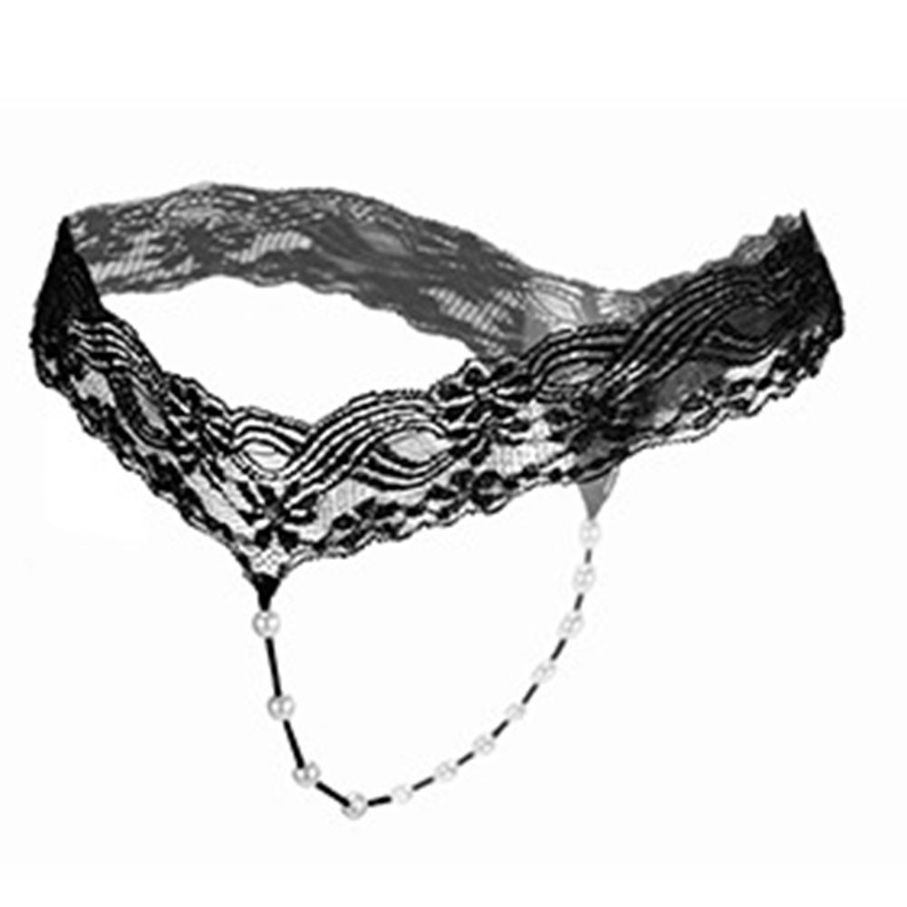 Women G String Faux Pearls Lace See Through Transparent