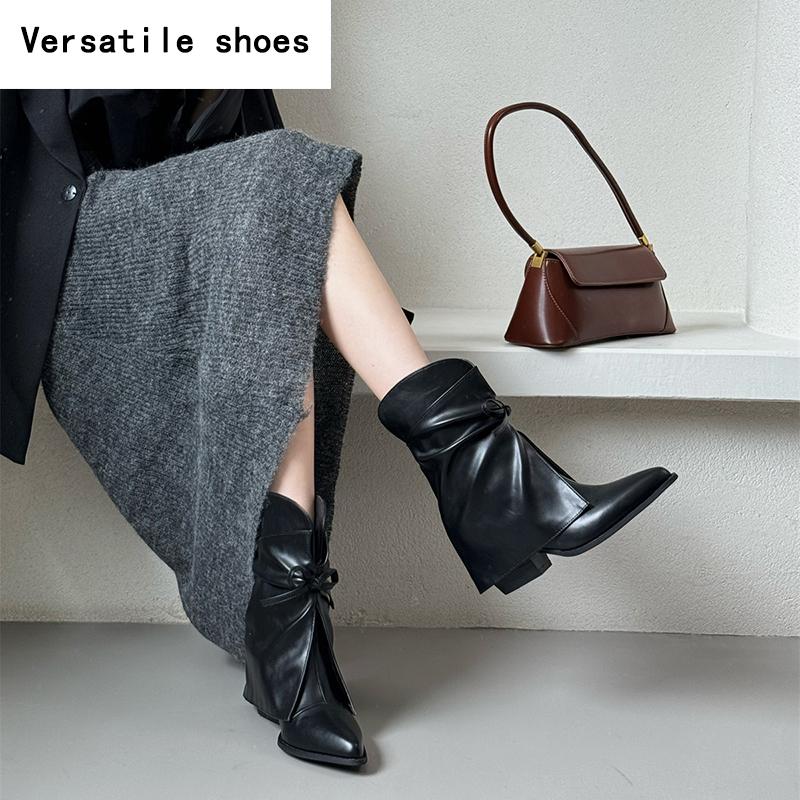 Vintage Thick Heel Women Ankle Boots Fashion Pointed Toe Slip On Shoes Autumn Winter Laides Concise Short Booties