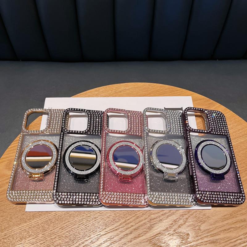 Applicable To Apple 16 ProMax Diamond inlaid Flash Powder Mirror Bracket Mobile Phone Case Magnetic IPhone 15 Luxury Protective Case