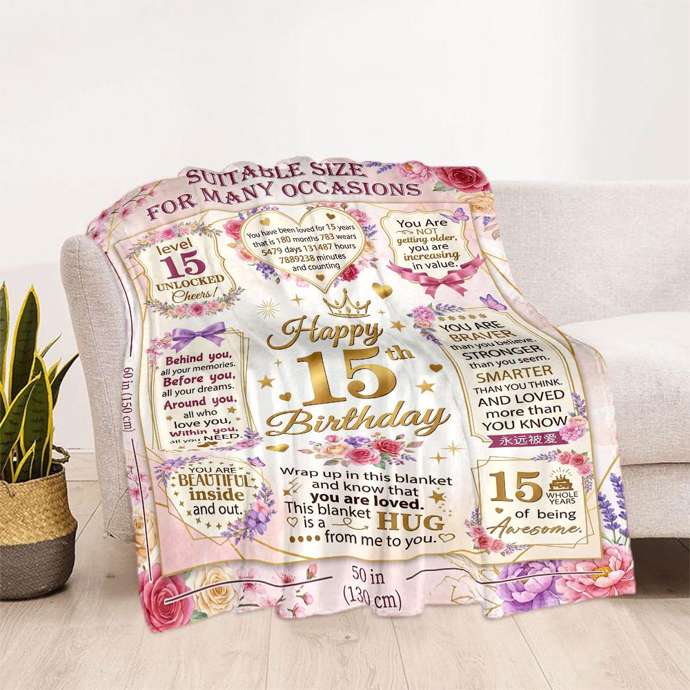 15th Birthday Celebration Flannel Blanket-Soft and Suitable for Sofas,Beds,Offices,Travel,All Seasons,Great Gift for Holidays and Birthdays.