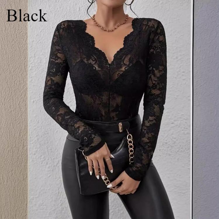 Women Sexy V Neck Lace Base Shirt Slimming Long Sleeve Top Comfortable Single Layer Fall Winter New Inside Wear