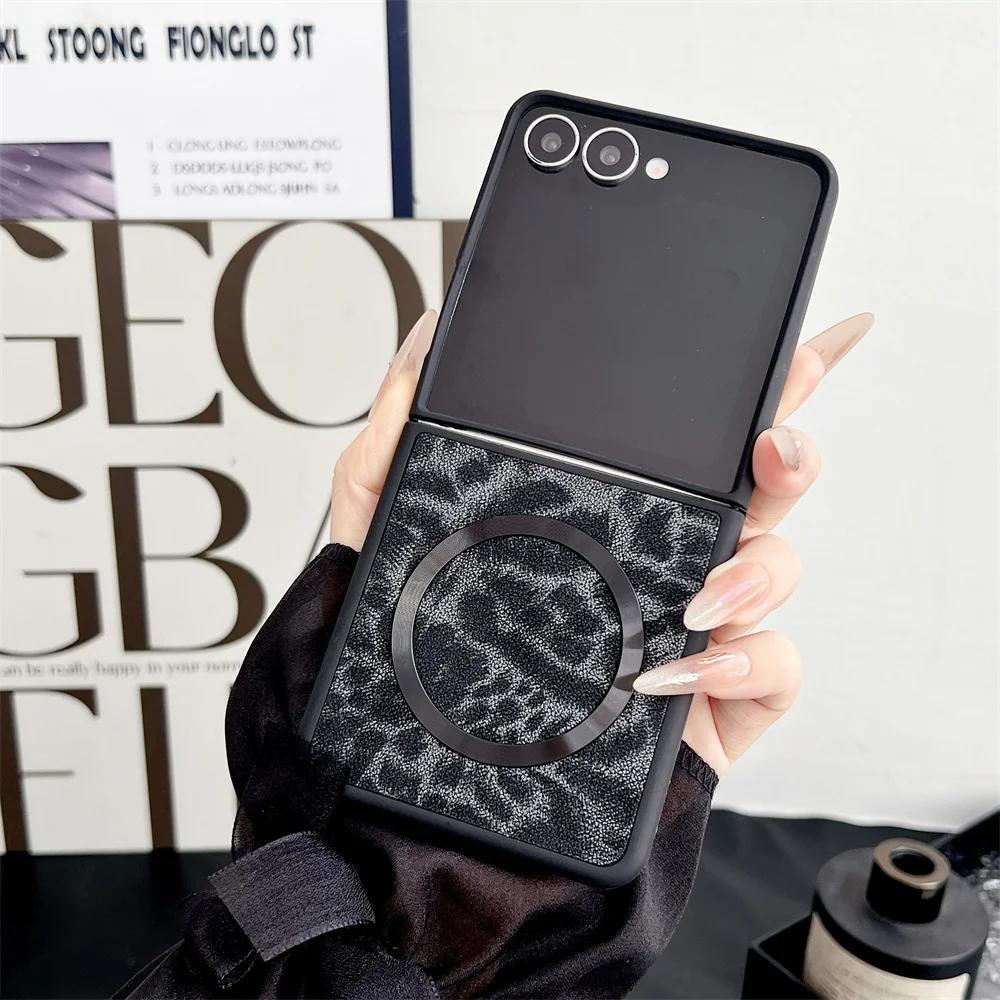 Leather Magsafe Compatible Phone Case for Samsung Galaxy Z Flip 7 FE 6 5 4 3 Flip6 Flip5 Flip4 Protective Magnetic Cover