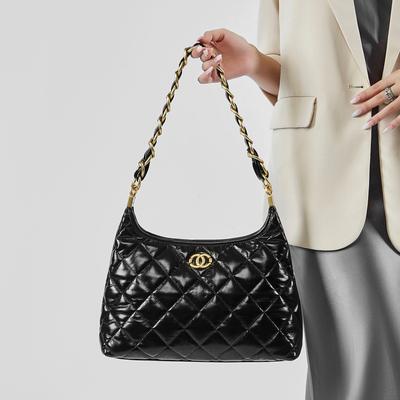 2025 New Style-Inspired Genuine Leather Single-Shoulder Hippie Bag High-End Thick Chain Hobo Underarm Bag Quilted Chain Bag
