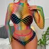 Open Crotchless Sexy Lingerie Fishnet Rainbow Cotton Striped Erotic Bodysuit Tights Girlfriend Gift