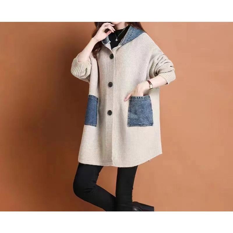 

Autumn and winter new women s clothing hooded denim splicing sweater women s knitted long-sleeved medium and long cardigan loose coat One Size