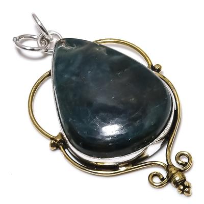Natural Indian Moss Agate Stone Two Tone 925 Sterling Silver Pendant 2.40" Y9g55
