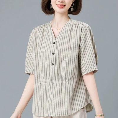 New Style Vertical Striped Short-sleeved Shirt for Middle-aged Mothers Large Size Loose Casual Cotton Shirt