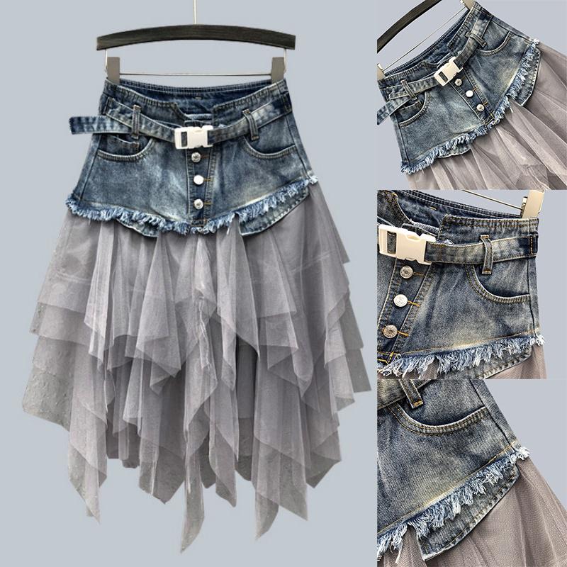 Moda Donna Gonna Denim Patchwork Rete Vita Alta A Linea Asimmetrica Volant Tulle Gonne Gotiche