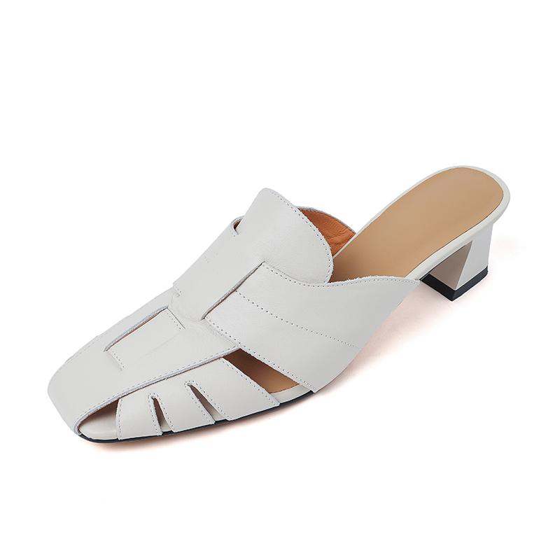 2024 Neue Elegante Damen Echtes Leder Dicke Hohe Absätze Pumps Frühling Sommer Komfort Lässige Schuhe Frau Mules Slipper Sandalen