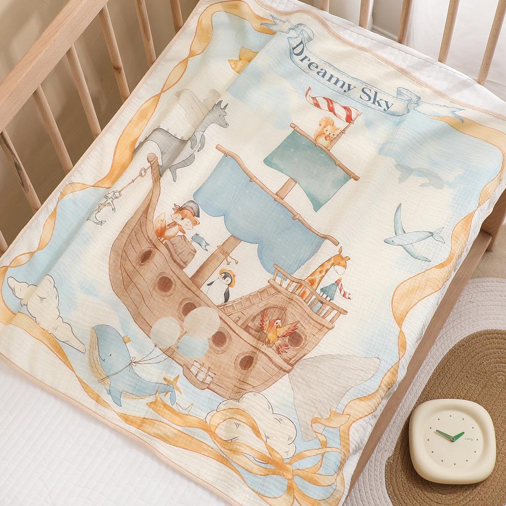 Newborn Cartoon Print Gauze Swaddle Blanket - Two-Layer Infant Wrap, Absorbent Bath Towel