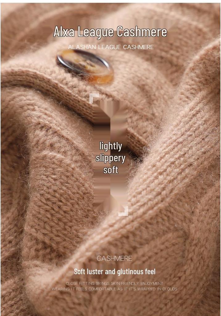 Women's Thick Cable Knit Cashmere Cardigan - Autumn/Winter Round Neck Loose Knitwear Jacket