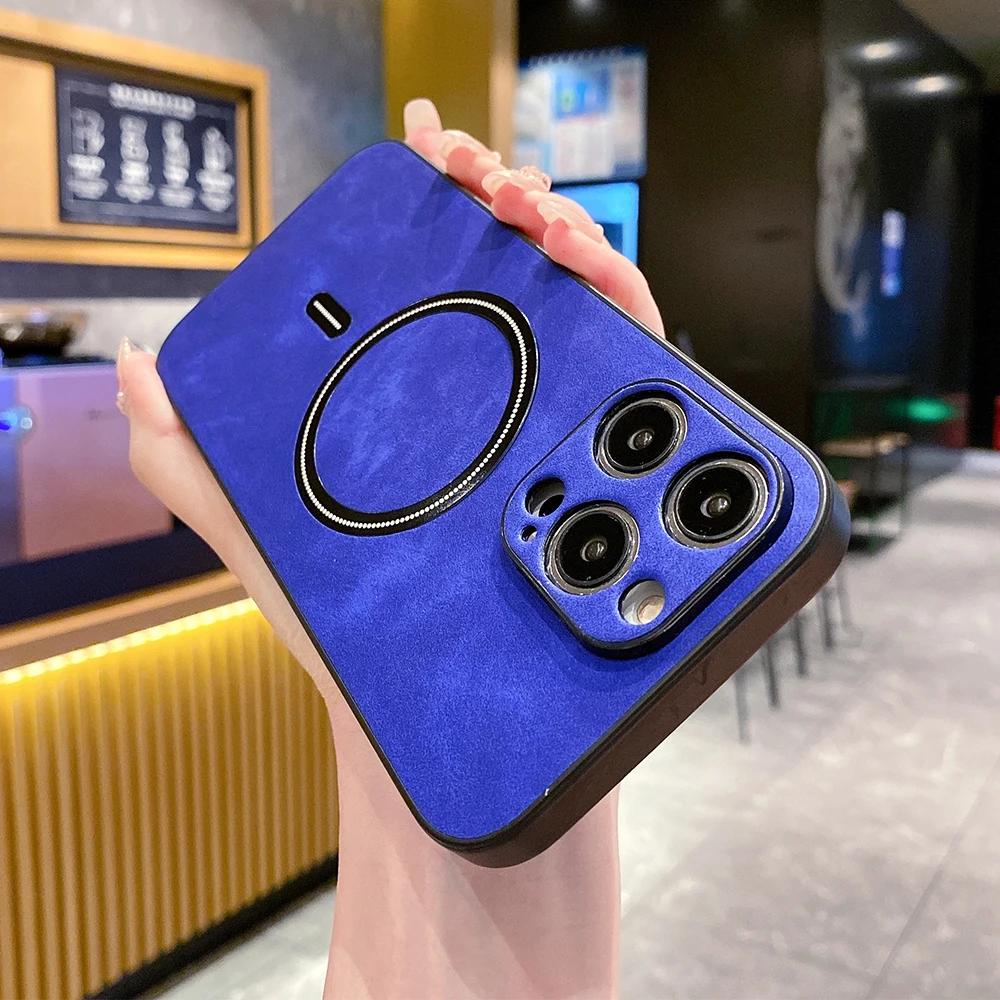 Kabellose Ladehülle aus Schaffellleder für iPhone 15 Pro Max 14 13 12 11 XS Max, weicher TPU-Linsenschutz, stoßfeste Rückseite