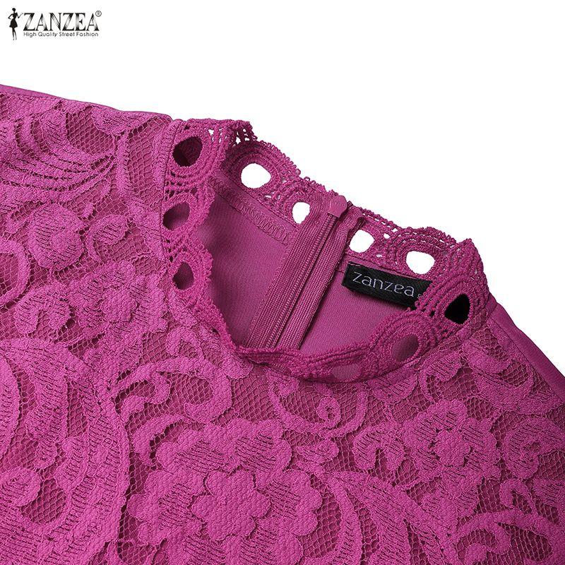 ZANZEA Women Casual Stand Collar Long Sleeve Lace Crochet Patchwork Long Dress