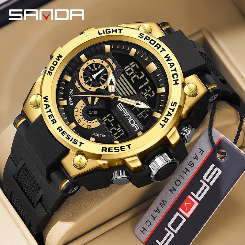 SANDA Luxury LED Dual Display Digital Quartz Watch for Men Shockproof Waterproof Sports Wristwatches Student Watch