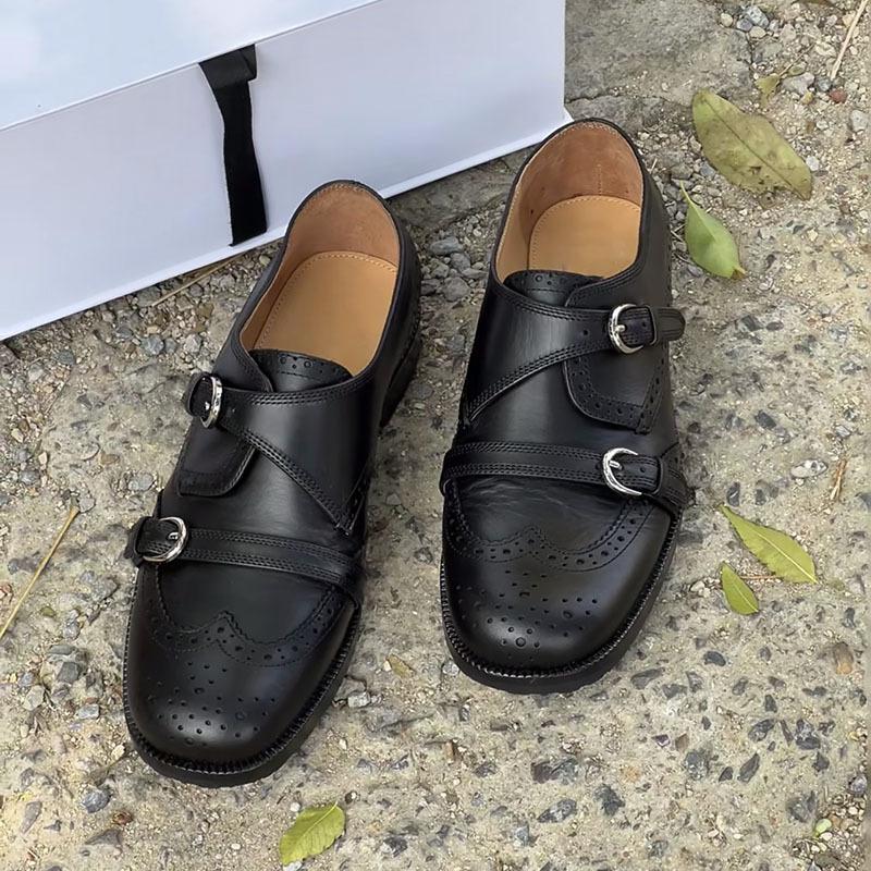 Cowhide Version~ Heavy Industry Leather Retro Style Small Leather Shoes Women's Thick Heel Round Head Belt Buckle Loafer Single Shoes