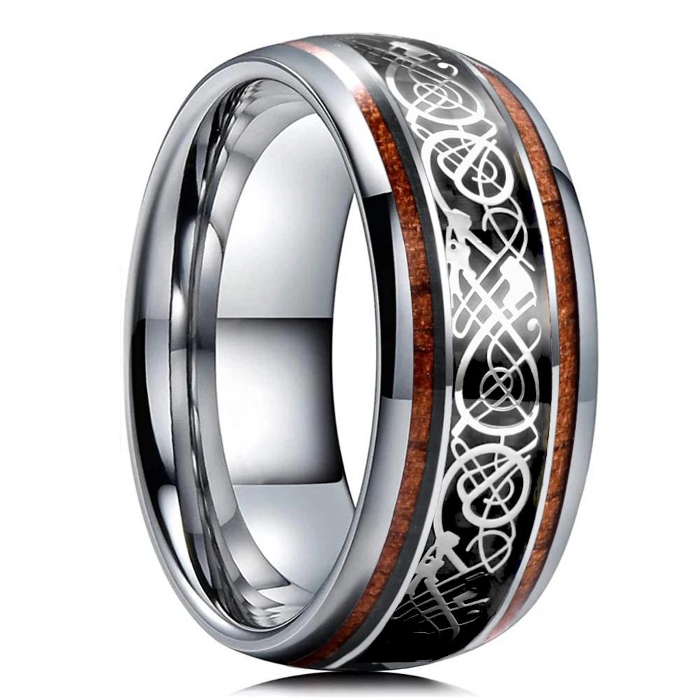 Fashion 8mm Men Stainless Steel Celtic Dragon Rings Koa Wood Inlay Black Carbon Fiber Rings For Men Wedding Band Jewelry Gifts