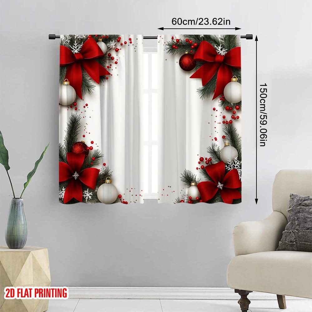 2pcs,2D Plane Printing Popular Curtain Panels Christmas Baubles Pine Branches Red Bows (2) Durable Polyester (without Rod)