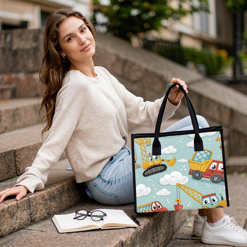 Cute Cartoon Construction Vehicles Tote Bag Portable Lightweight Reusable Daily Carry Bag for Outgoing Shopping