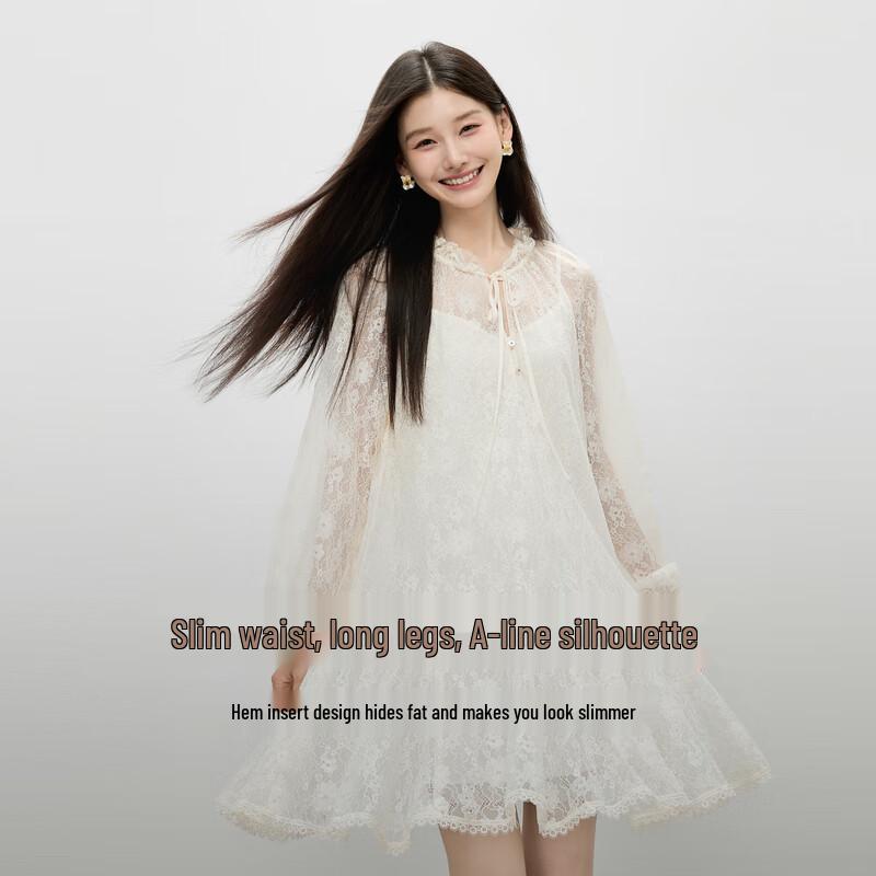 

Qiu Shui Yi Ren French Lace Embroidery Round Neck Dress XL