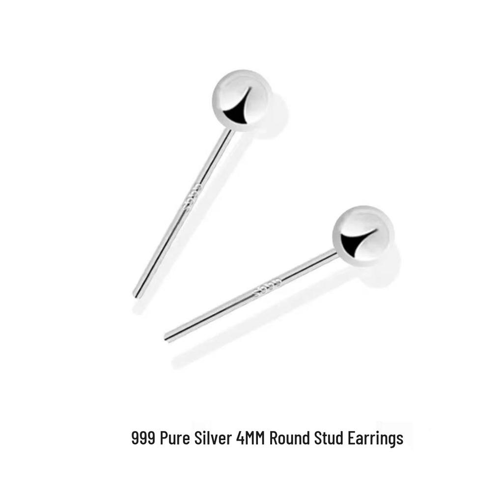 S999 Pure Silver Round Stud Earrings for Women - High-End Cartilage and Ear Piercing Needles to Prevent Clogging