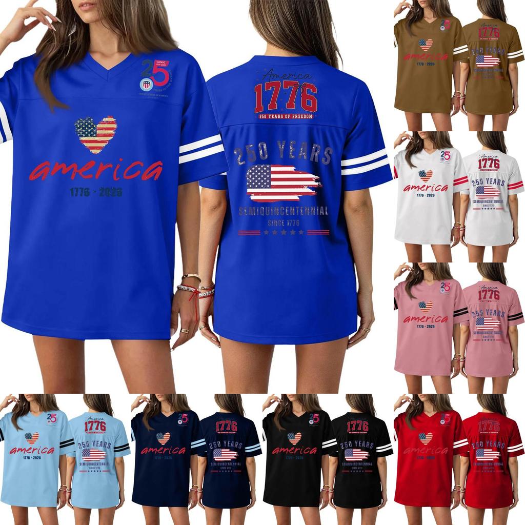 Damska Codzienna Modna Koszulka Sportowa z Dekoltem V z Nadrukiem na Dzień Niepodległości Krótkim Rękawem Top