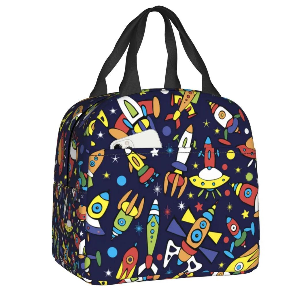 Cartoon Space Planet Rocket Thermal Insulated Lunch Bag Women Astronaut Spaceship Portable Lunch Box for Kids School Food Bags
