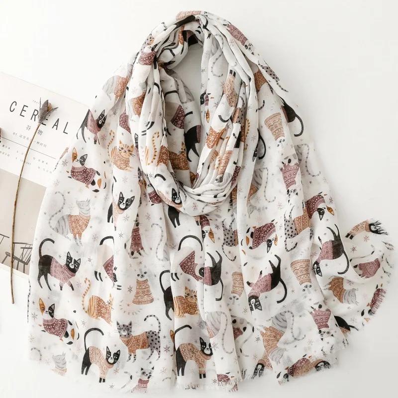 Luxury Women Viscose Scarf Summer Beach Shawl Long-Tailed Cat Print Cotton Linen Feeling Tassel Muslim Hijab Wrap Turban